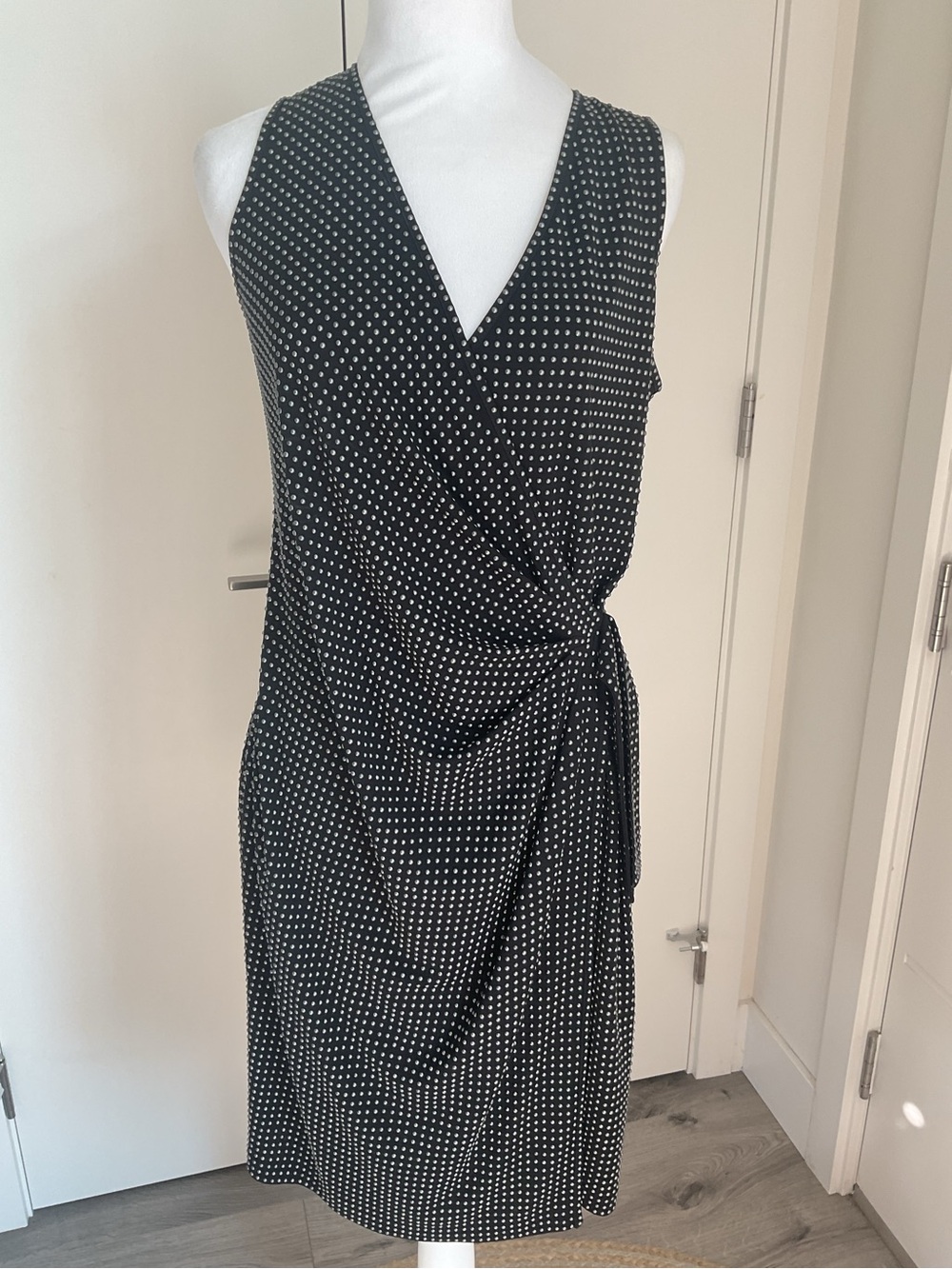 *ST. JOHN * Vintage Black Silver- Studded Polka Dot  Faux Wrap with Slit Dress